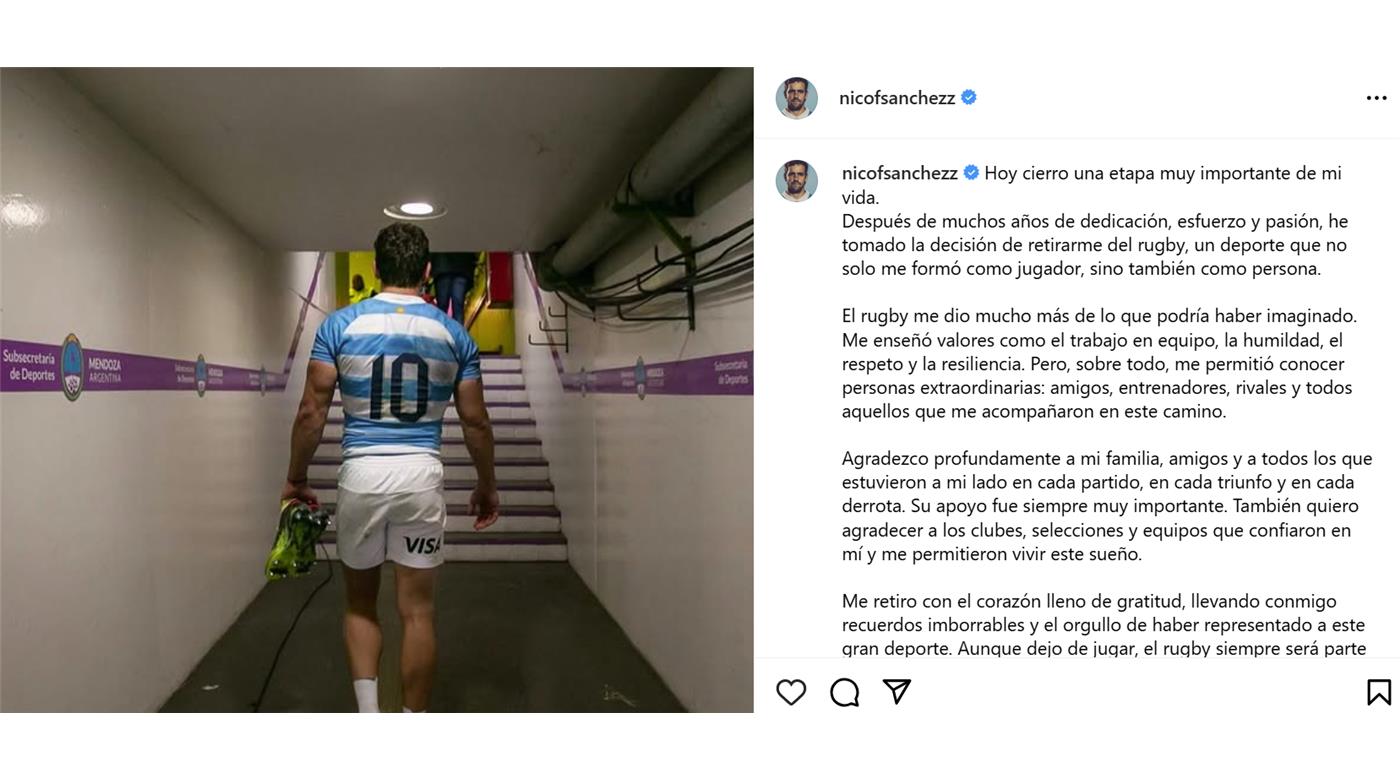 NICOLÁS SÁNCHEZ, ANUNCIÓ EN SUS REDES SOCIALES QUE DEJA DE JUGAR AL RUGBY 