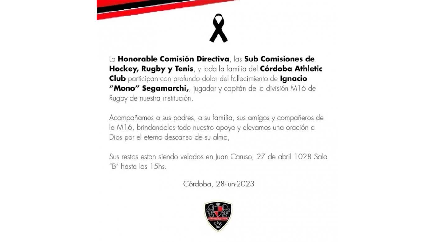 FALLECIÓ IGNACIO SEGAMARCHI UN JUVENIL DEL CÓRDOBA ATHLETIC