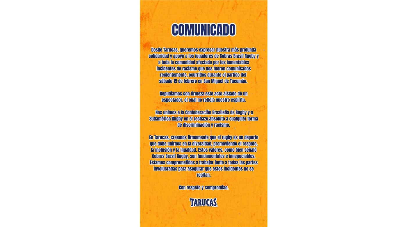 TARUCAS Y UN COMUNICADO EN REPUDIO DE LO ACONTECIDO EN EL PARTIDO ANTE COBRAS BRASIL RUGBY